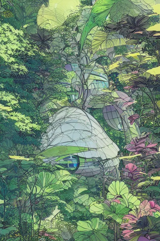 Prompt: concept art painting of a multi level botanical garden spaceship, artgerm, moebius, inio asano, toon shading, cel shading, calm, tranquil, vaporwave colors,