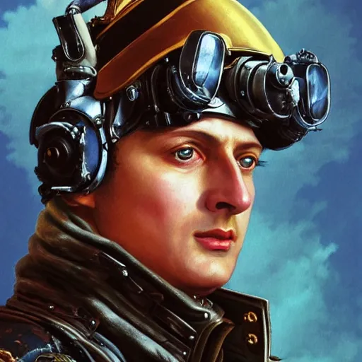 Prompt: portrait of divine emperor napoleon bonaparte as maverick in top gun, handsome, jet pilot, visor, dieselpunk steampunk napoleonic french baroque, metal shoulder pauldrons, intricate, highly detailed, digital painting, artstation, concept art, sharp focus, cinematic lighting, illustration, art by artgerm and greg rutkowski, alphonse mucha, cgsociety