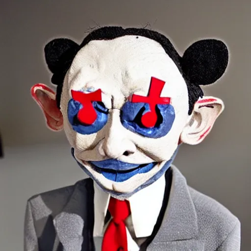 Image similar to mr bean dressed as the jigsaw puppet from saw riding around on a little tricicle