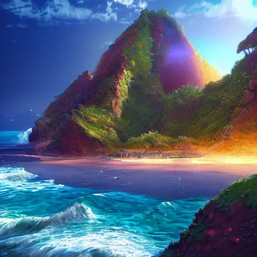 Image similar to hawaii island beach mountain by stanley artgerm lau, wlop, rossdraws, james jean, andrei riabovitchev, marc simonetti, yoshitaka amano, trending on artstation, trending on deviantart, deepdream, unreal engine, dramatic lighting, octane render, weta digital, micro details, 3 d sculpture, structure, ray trace,