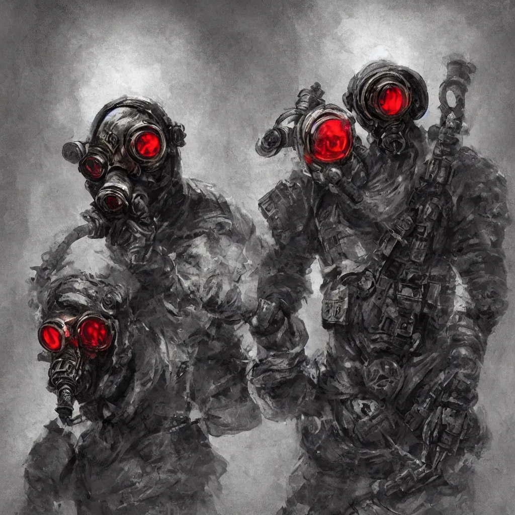 Image similar to soviet russian spetsnaz soldier wearing a demonic gasmask with glowing red eyes and three goggles and demonic tentacle instead of one arm, concept art, digital portrait, horror, creepy, concept art, military art, dark fantasy art, sci - fi, retrofuturism, artstation, highly detailed painting, art by eddie mendoza