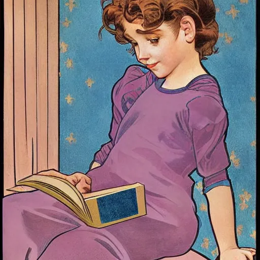 Prompt: a little girl with a mischievous face and short light brown curly wavy hair and blue eyes. she is reading a book. well composed, clean elegant painting, beautiful detailed face. by steve ditko and jack kirby and ( alphonse mucha )