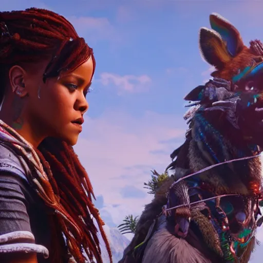 Image similar to rihanna in horizon zero dawn ( 2 0 1 7 ), 8 k wide shot