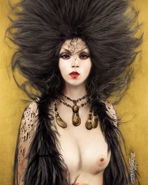 Prompt: a portrait of black shadow nightmare human monster, covered in long fur, long black velvet gown, gold necklaces, illustration, dramatic lighting, soft details, painting oil on canvas, art nouveau, octane render, HDR, 4k, 8k, HD, by Edmund Blair Leighton, Brom, Charlie Bowater, trending on artstation, Tom Bagshaw, faces by otto Schmidt