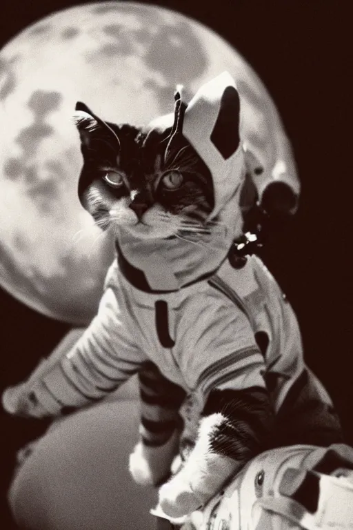 Prompt: vintage analog photograph of a cat in a spacesuit during the first moon landing, with gigantic clouds visible in the sky, heavy film grain, red color bleed, rich azure tones