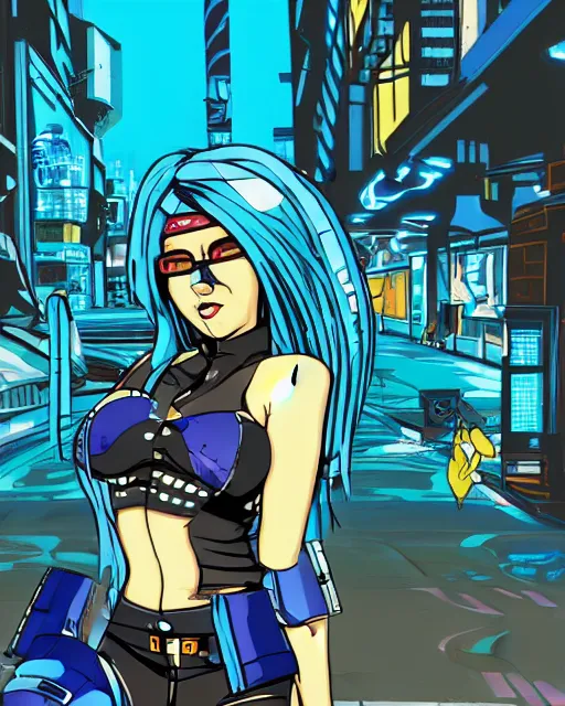 Image similar to cel shaded art of a pretty blue haired girl, jet grind radio graphics, cyberpunk city street background