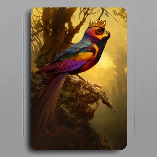 Prompt: colorful bird golden eyebrows, golden crown, dark, rusty, fantasy forest, highly detailed, realistic, artstation, concept art, smooth, sharp focus, illustration, art by artgerm and greg rutkowski and alphonse mucha