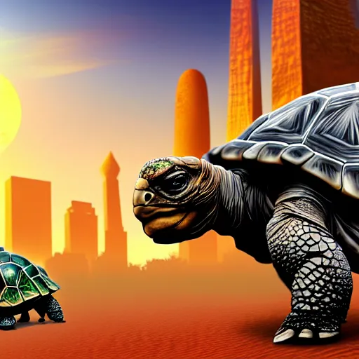 Image similar to Large Fantasy City located on the back of a Giant tortoise stomping through the hot sunny desert, High detail, Dungeons and Dragons, Focus on giant tortoise, 4k