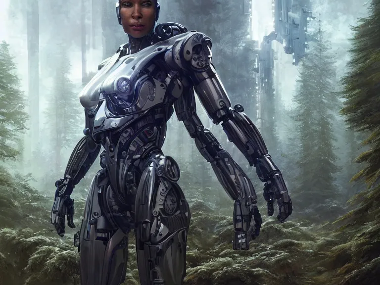 Image similar to cinematic wide portrait of cyborg wearing a sci - fi silver exoskeleton, rule of thirds, action pose, beautiful forest landscape in background, fantasy, sci - fi, cyberpunk - style, artgerm and greg rutkowski, 8 k, octane, intricately detailed, highly detailed, trending on artstation