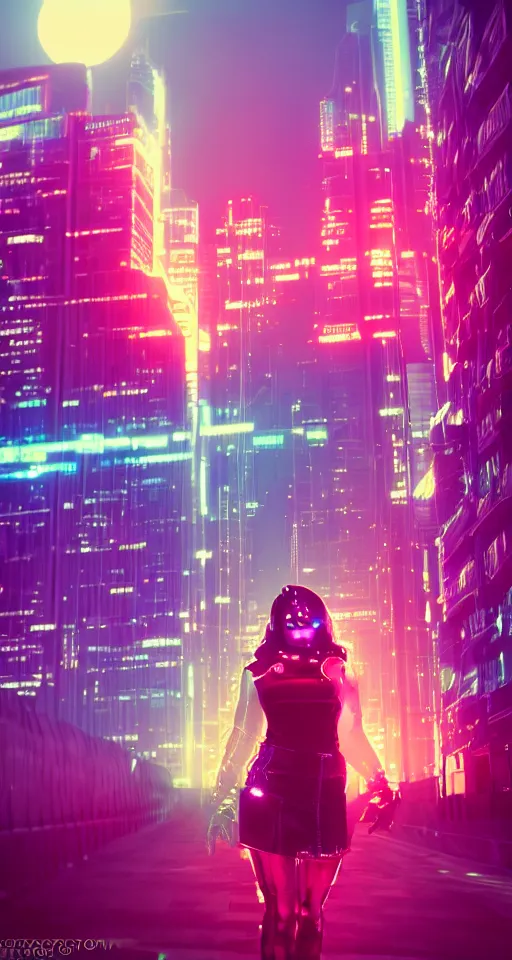 Image similar to cyberwomen, neon lights, city, glow, sunset, cinematic, retrowave style,