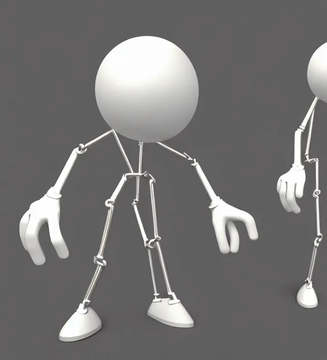 Image similar to 3 d studio render simplistic!!! minimalistic!!!! character concept for a cartoon metal character with a round metal head, a body made of metal poles, arms made of scissor arms, and white metal gloves. flexible!!!!! posing, dynamic!!! expressive!!! trending on artstation, octane render, unreal engine 5 render