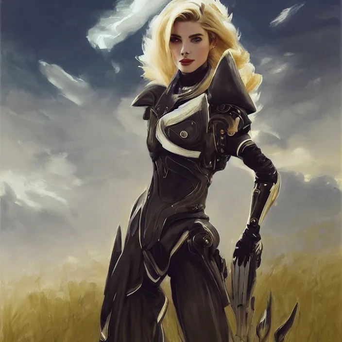 Image similar to portrait of a combination of Ashley Greene, Adriana Dxim, Grace Kelly and Lily Collins with blonde hair wearing Warframe armor, countryside, calm, fantasy character portrait, dynamic pose, above view, sunny day, thunder clouds in the sky, artwork by Jeremy Lipkin and Giuseppe Dangelico Pino and Michael Garmash and Rob Rey and Greg Manchess and Huang Guangjian and Makoto Shinkai, very coherent asymmetrical artwork, sharp edges, perfect face, simple form, 100mm