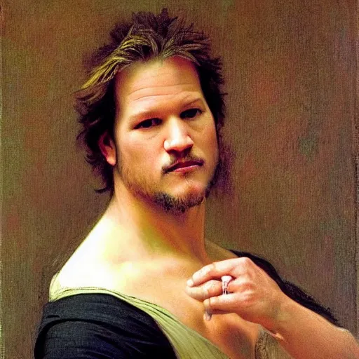 Prompt: “Painting of Chris Jericho wearing a bright pink tutu, Art by william adolphe bouguereau, During golden hour, Extremely detailed, Beautiful, Award winning”