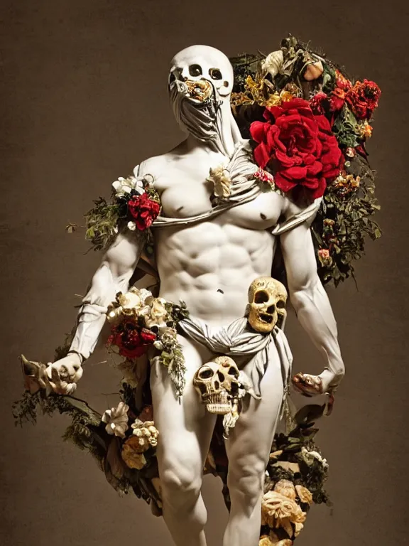 Prompt: a man in the form of a Greek sculpture with a mask in the form of a skull and wreath of flowers, birds in hands, dressed in a biomechanical dress of a demon by Roberto Ferri, stands in the pose of a super hero on a golden stone, silk, fabric, birds, flowers. red plastic. baroque elements, human skull. full-length view. baroque element. intricate artwork by caravaggio. birds on background. Trending on artstation. halo. octane render, cinematic, hyper realism, octane render, 8k, depth of field, bokeh. iridescent accents. vibrant. teal and gold and red colour scheme