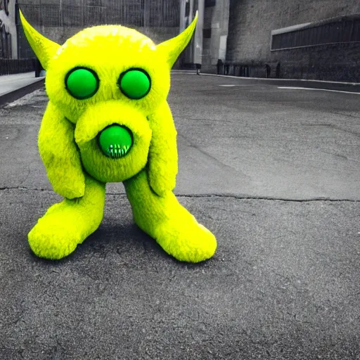 Prompt: a big muscular yellow monster with green dots and only one leg, photography, practical effect
