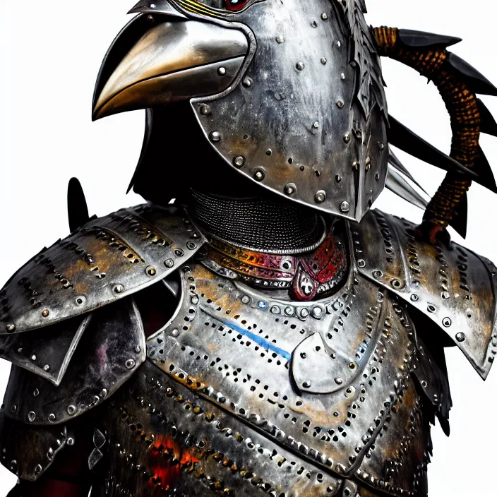 Prompt: photo of a warrior with metal parrot themed armour, highly detailed, 4 k, hdr, smooth, sharp focus, high resolution, award - winning photo