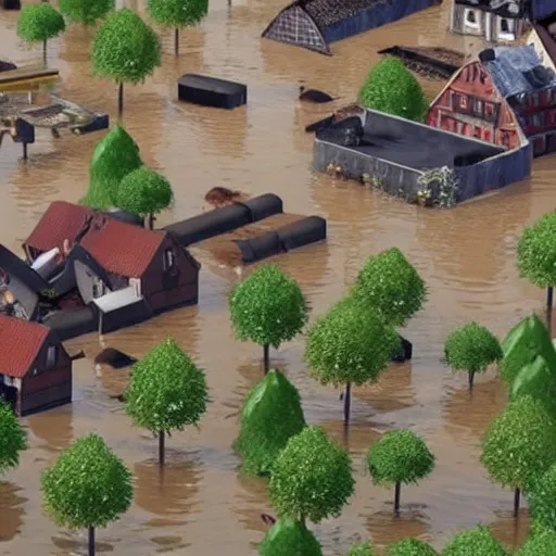 Prompt: top-down 3D video game about a german town being flooded, gameplay footage