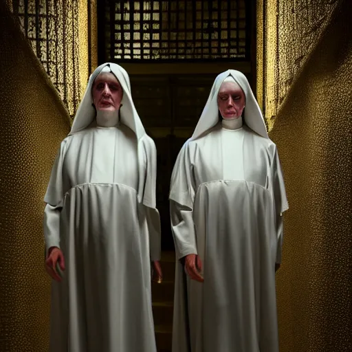 Image similar to award winning photo Floating twin nuns wearing translucent habits Very long arms, in a sanctuary, eerie, frightening —width 1024 —height 1024