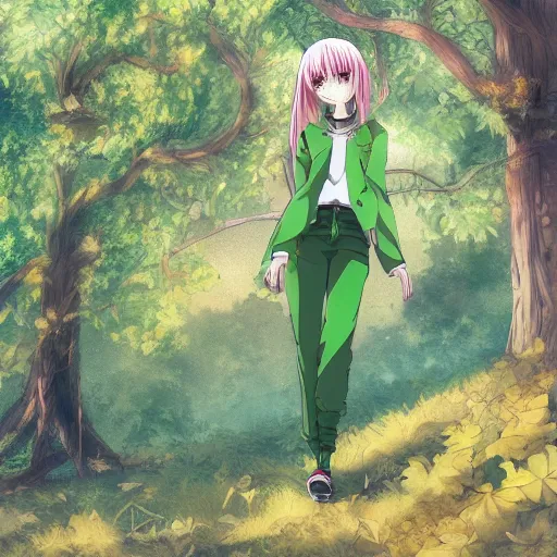 Image similar to A anime character with green clothes with leaves and plant exploring the world , Digital art, anime style, cinematic, Amazing pose,