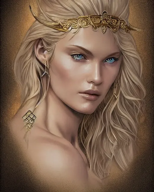 Image similar to tattoo design sketch of hot blonde super model as aphrodite greek goddess wearing a gold laurel wreath and triangle earrings, beautiful piercing gaze with sharp pupils, in the style of greg rutkowski, fantasy, amazing detail, epic, elegant, smooth, sharp focus, front view