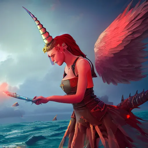 Prompt: woman - unicorn hybrid red angelic wings, calm, melancholy scenery, full body armor, sparky metallic, unreal engine 5, cinematic lights, high detail, fantasy classic digital art, james ryman, sea of thieves style