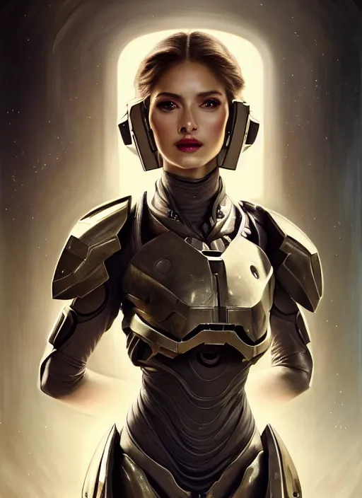 Prompt: glamorous doctor portrait, seductive eyes and face, elegant, lascivious pose, very detailed face, studio lighting, photorealism, wearing Forerunner armor from Halo portrait by Magali Villeneuve and Steve Argyle,Livia Prima,Mucha,dress,fantasy art,beautiful,artstation,trending on artstation,intricate details,alluring,masterpiece