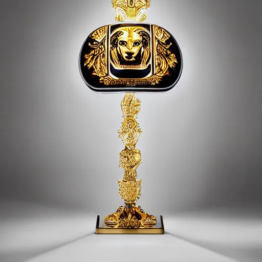 Prompt: a table lamp designed by versace, advertising photography