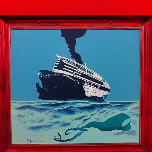 Image similar to A giant squid destroying a cruise ship in the middle of the ocean, oil painting by Andy Warhol