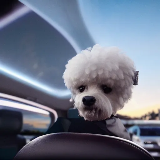 Prompt: a photorealistic image of bichon frise riding in the back on an uber through Hollywood at dusk. This 4K HD image is Trending on Artstation, featured on Behance, well-rendered, extra crisp, features intricate detail and the style of Unreal Engine.