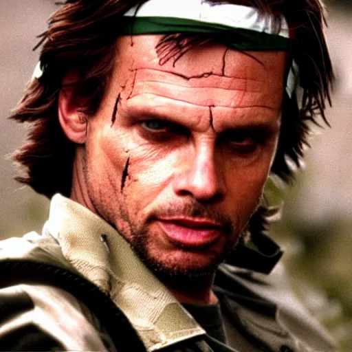 Image similar to michael biehn as solid snake, green bandana, 1 9 8 7, 3 5 mm