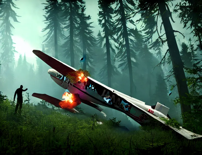 Image similar to a the forest game screenshot with a crashed plane, player is holding a lighter. ultra realistic