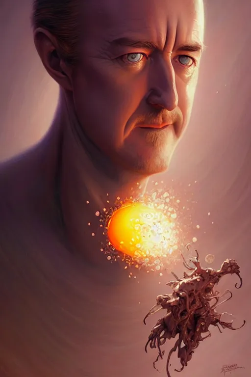 Image similar to edward norton face is the yolk of a frying egg, hyper detailed, digital art, artstation, cinematic lighting, studio quality, smooth render, by peter mohrbacher, hajime sorayama, wayne barlowe, boris vallejo, aaron horkey, gaston bussiere, craig mullins