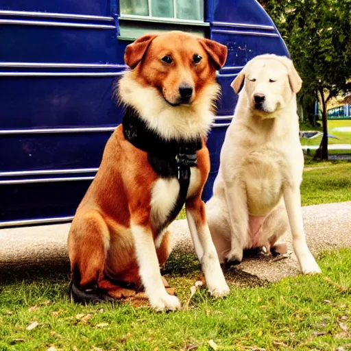 Prompt: a photo of two dogs sitting in front of the bus, hd award winning photograph, high detailed, 2001 style