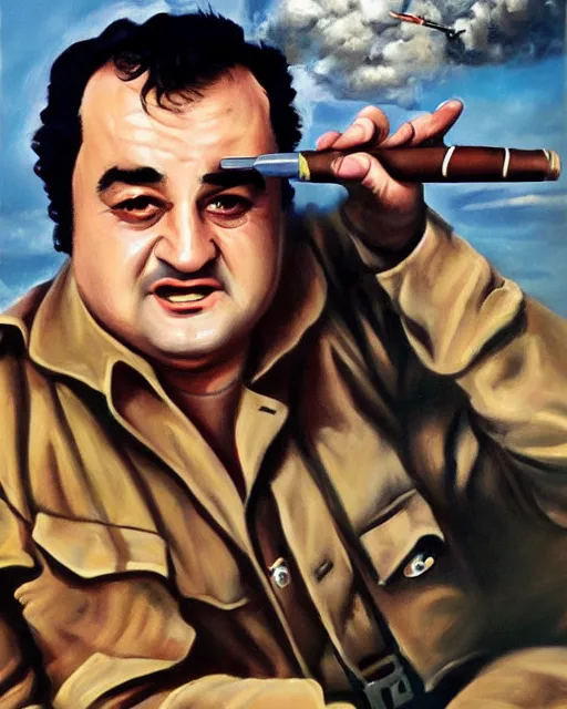 Image similar to oil painting, highly detailed, of john belushi as ww 2 era crazed national guard pilot wild bill kelso with his cigar, from the movie 1 9 4 1