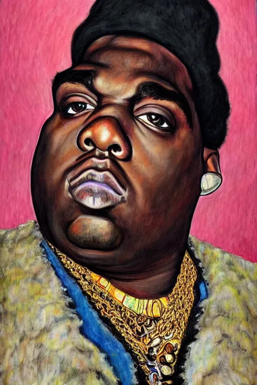 Image similar to a portrait of biggie smalls wearing boho - chic style clothes, with a fur muffler, full body!!, realistic painting in egon schiele style, masterpiece, hyperdetailed, complex, intricate, 4 k, hyperrealistic, trending on artstation