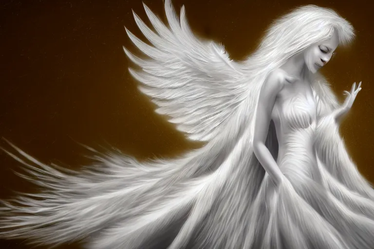 Image similar to a white angel with feathered wings open, digital art, 4k