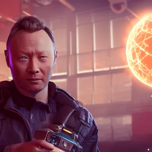 Prompt: limmy brian limond holding element 1 1 5, realistic artstyle, wide shot, dramatic lighting, octane render, hyperrealistic, high quality, highly detailed, hd, beautiful, cinematic, 8 k, unreal engine, facial accuracy, symmetrical,