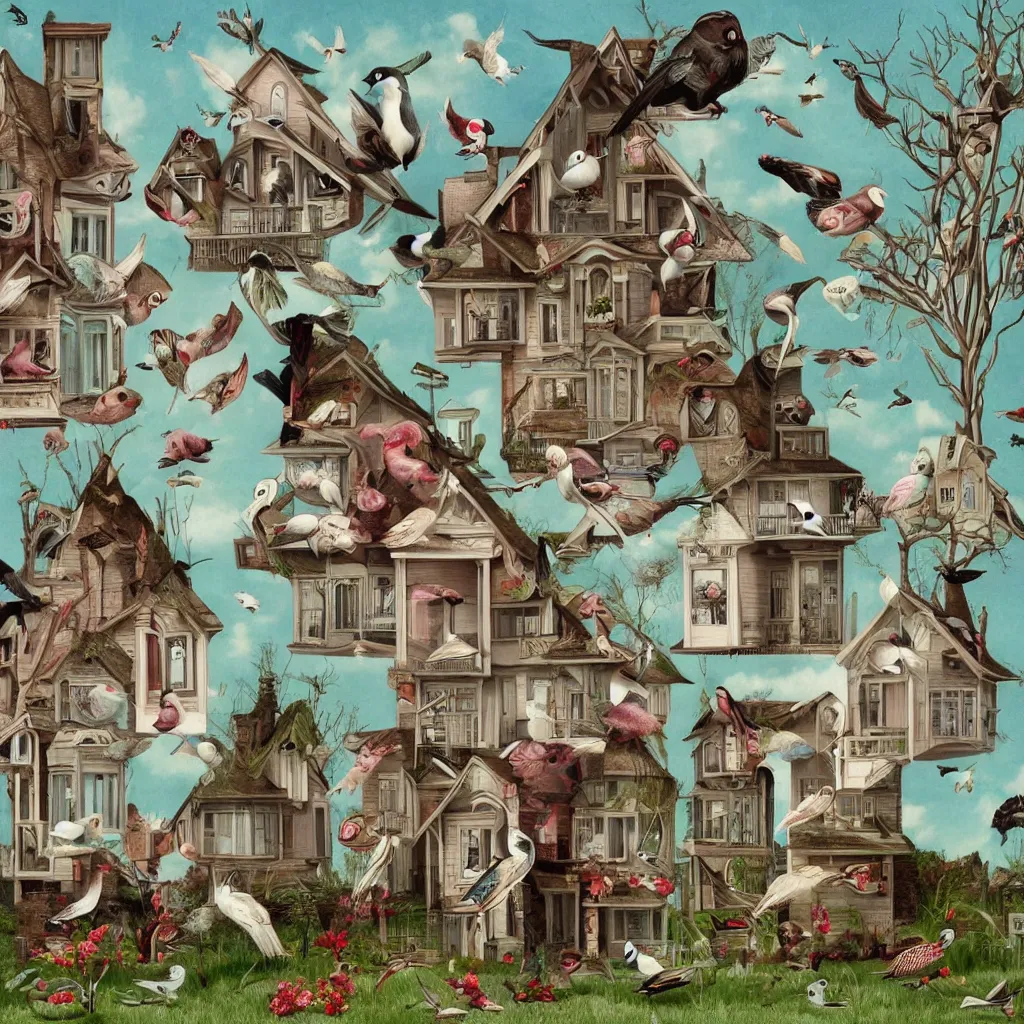 Image similar to anamorphic birds walking past a house, lowbrow surrealistic, in the style of Mark Ryden,