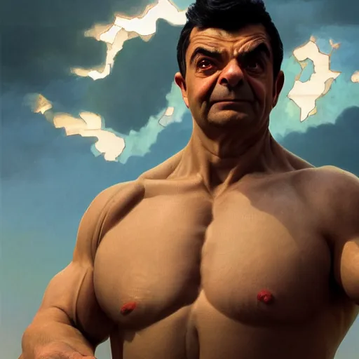 Image similar to upper body portrait of a hulking herculean chiseled mr bean rowan atkinson, cinematic lighting, photorealistic, octane render, 8 k, depth of field, 3 d, art by artgerm and greg rutkowski and alphonse mucha and uang guangjian and gil elvgren and sachin ten