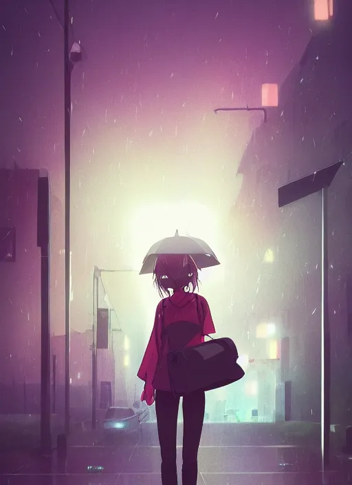 Prompt: listening to music at 2 am, pretty face, pretty body, rain, lofi, lofi, peaceful, street light, anime key visual, poster, anime, by wlop, high quality, 4 k