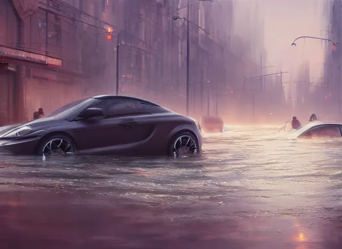 Image similar to a car driving through shallow water, flooded city, muted colors, hyperrealistic, oil painting, intricate, cgsociety, artstation, 8 k, cinematic, soft lighting, by greg rutkowski, by wlop, by artgerm