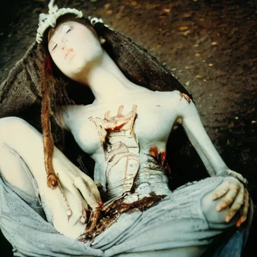 Image similar to beautiful human princess in burned clothes rests after slaying an enormous dragon, highly detailed, 16mm, color film photography