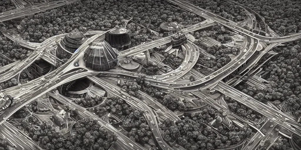 Image similar to cinematic still of hyper detailed highway realistic afro steampunk designed by frank lloyd wright architect, helicopters, deep perspective, wide angle, insanely detailed and intricate,