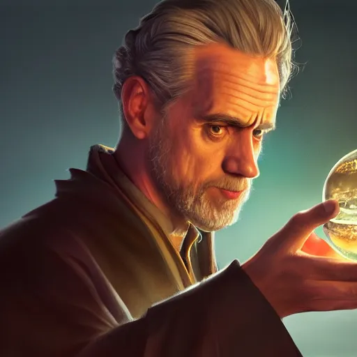 Prompt: Jordan Peterson dressed as a wizard, looking into a crystal ball, made by Stanley Artgerm Lau, WLOP, Rossdraws, ArtStation, CGSociety, concept art, cgsociety, octane render, trending on artstation, artstationHD, artstationHQ, unreal engine, 4k, 8k,