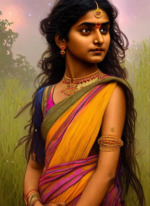 Prompt: a young indian lady wearing a sari watching a meteor shower, wet, shiny, fantasy, intricate, elegant, hyper detailed, ultra definition, photoreal, artstation, unreal engine rendered, concept art, smooth, sharp focus, illustration, art by artgerm and greg rutkowski and alphonse mucha and garis edelweiss