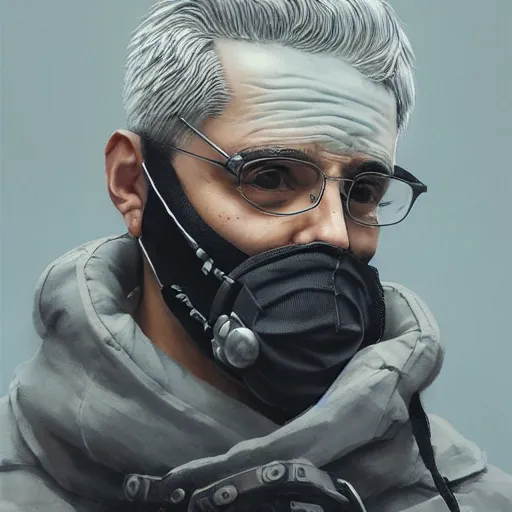 Image similar to very cool man grey hair with mask, streetwear, techwear, cyberpunk style outfit, full body, nose piercing, detailed portrait, intricate complexity, by greg rutkowski, cushart krentz, artgerm, ross tran, conrad roset, takato yomamoto, ilya kuvshinov. 4 k, beautiful, cinematic dramatic atmosphere, portrait lighting