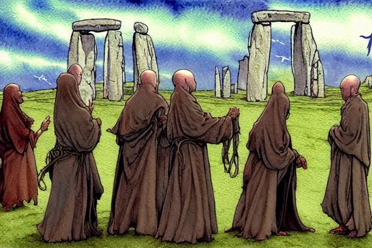 Prompt: a realistic and atmospheric watercolour fantasy character concept art portrait of a dirty chibi alien greeting a group of medieval monks in grey robes in stonehenge. a ufo is in the sky. by rebecca guay, michael kaluta, charles vess and jean moebius giraud