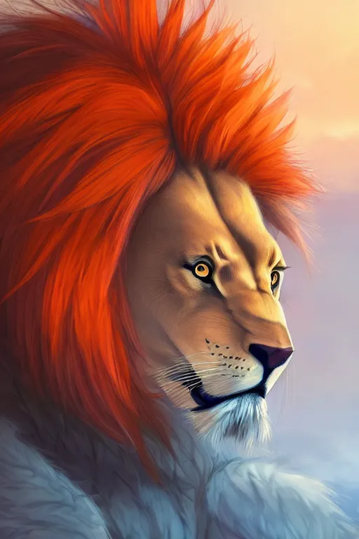 Image similar to portrait of a lion man warrior, fursona, furry art, anthro, light orange fur, detailed long dark orange mane, orange eyes, anime key visual, makoto shinkai