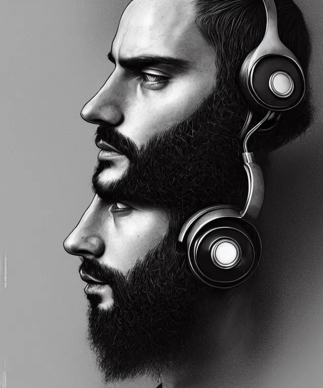 Image similar to Portrait of a male DJ, western european origin, side or front profile, sci-fi, dark eyes, face, shaved head, beard, Headphones, fantasy, LSD Dream Emulator, intricate, rugged, backlit, highly detailed, digital painting, artstation, concept art, smooth, sharp focus, illustration, art by artgerm and greg rutkowski and alphonse mucha