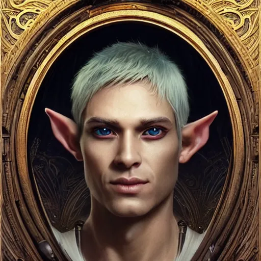 Prompt: in frame painting of an elven man with asian cat eyes with blond shiny moon hair, ultra realistic, concept art, intricate details, eerie, haunting, highly detailed, photorealistic, octane render, 8 k, unreal engine. art by artgerm and greg rutkowski and charlie bowater and magali villeneuve and alphonse mucha